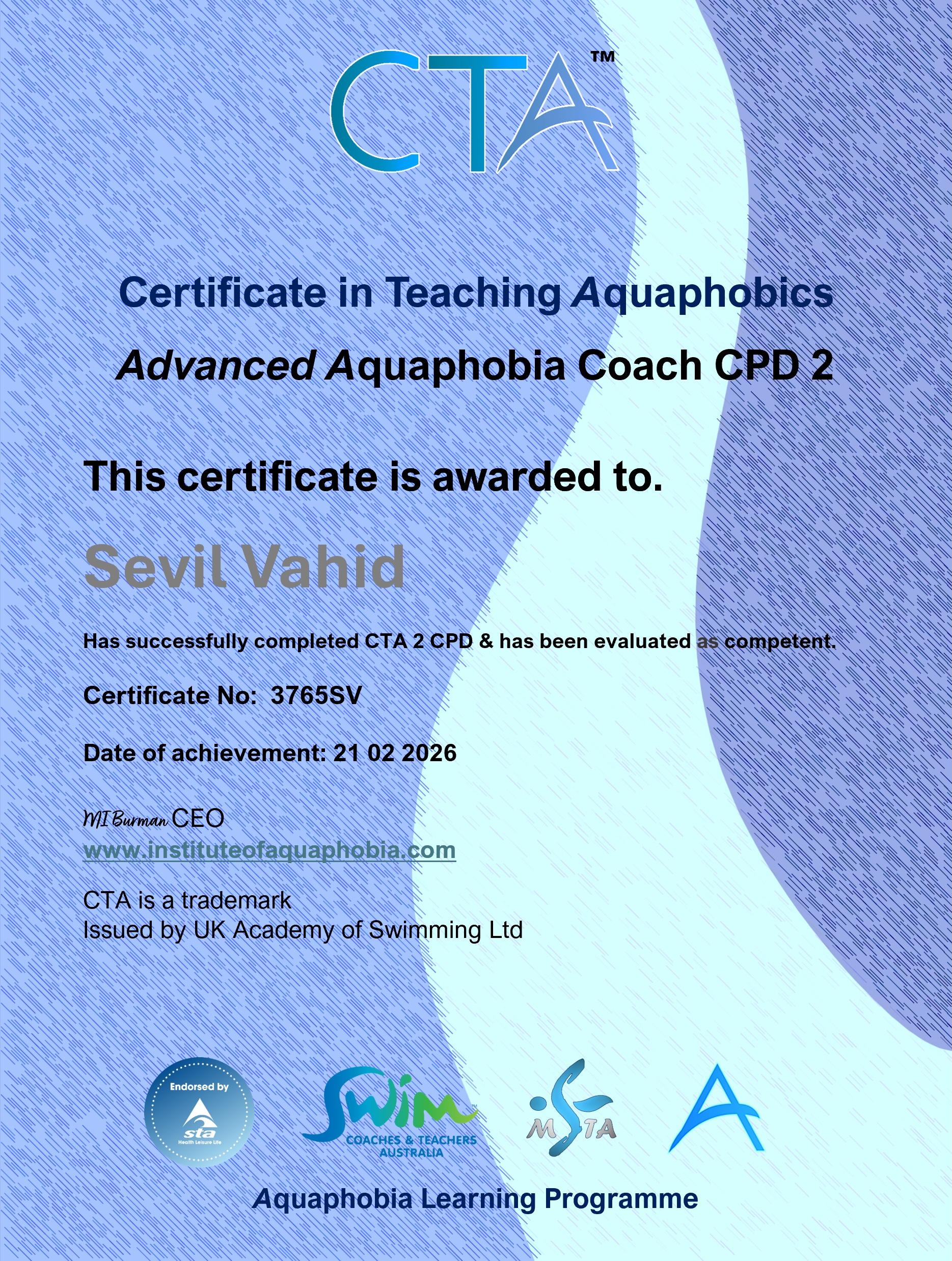 Certificate in Teaching Aquaphobics — Advanced Aquaphobia Coach CPD 2