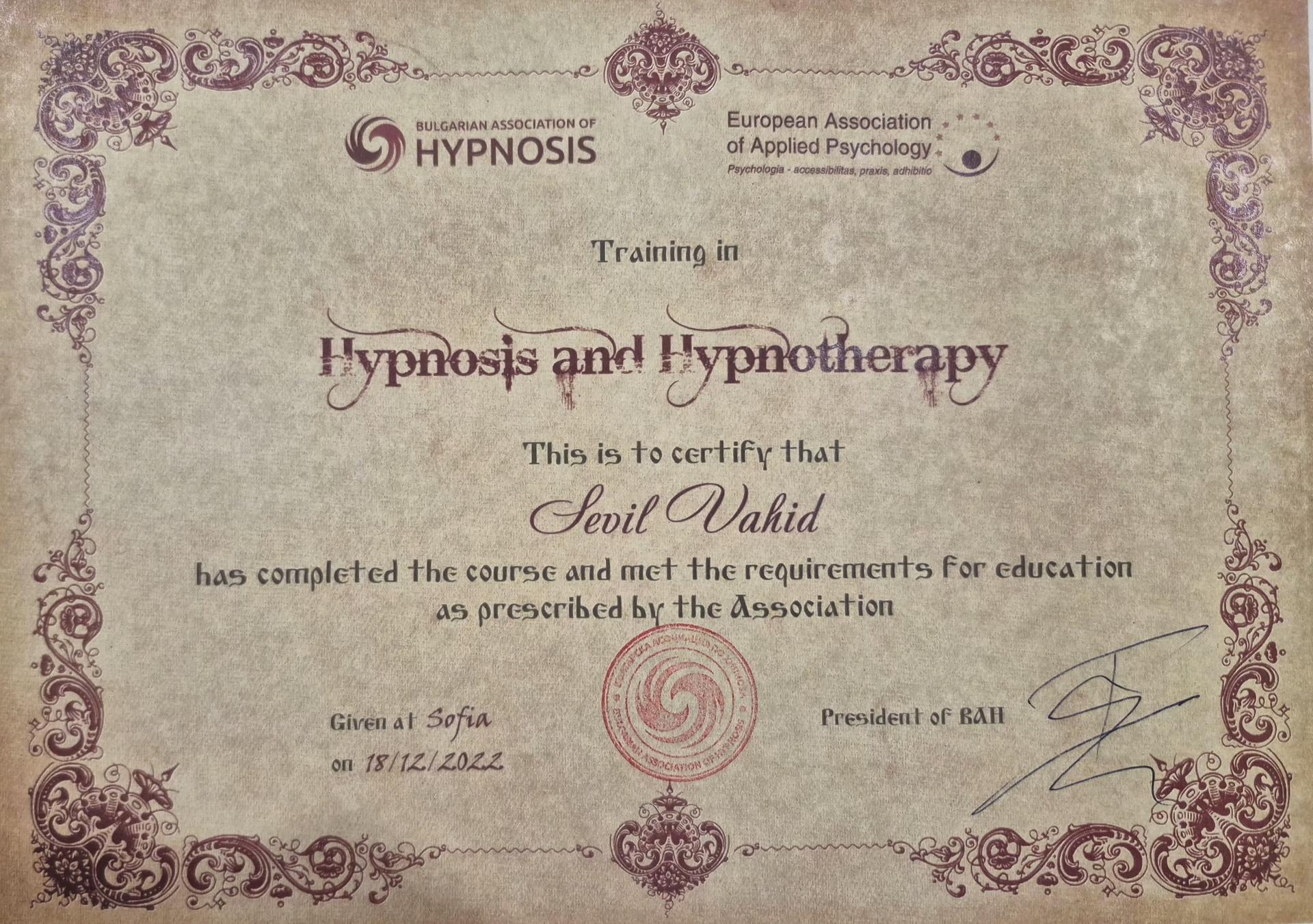 Certificate — Hypnosis and Hypnotherapy